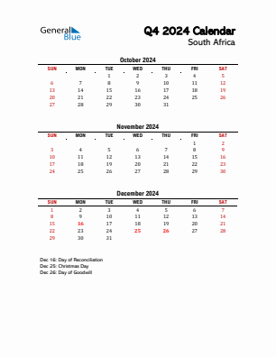 South Africa Quarter 4  2024 calendar template