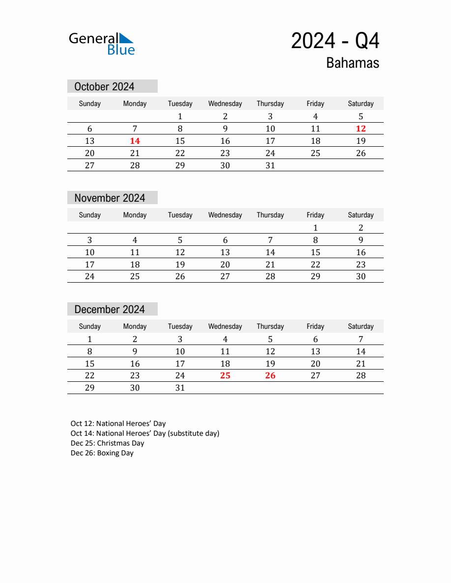 Bahamas Quarter 4 2024 Calendar with Holidays