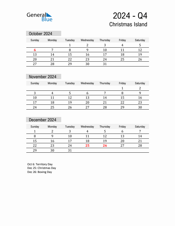 Q4 2024 Quarterly Calendar with Christmas Island Holidays (PDF, Excel