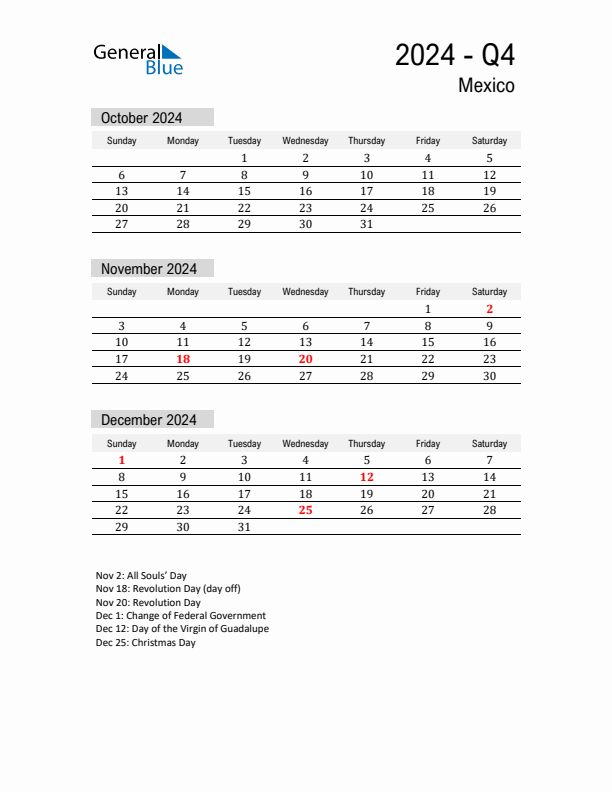 Q4 2024 Quarterly Calendar with Mexico Holidays (PDF, Excel, Word)