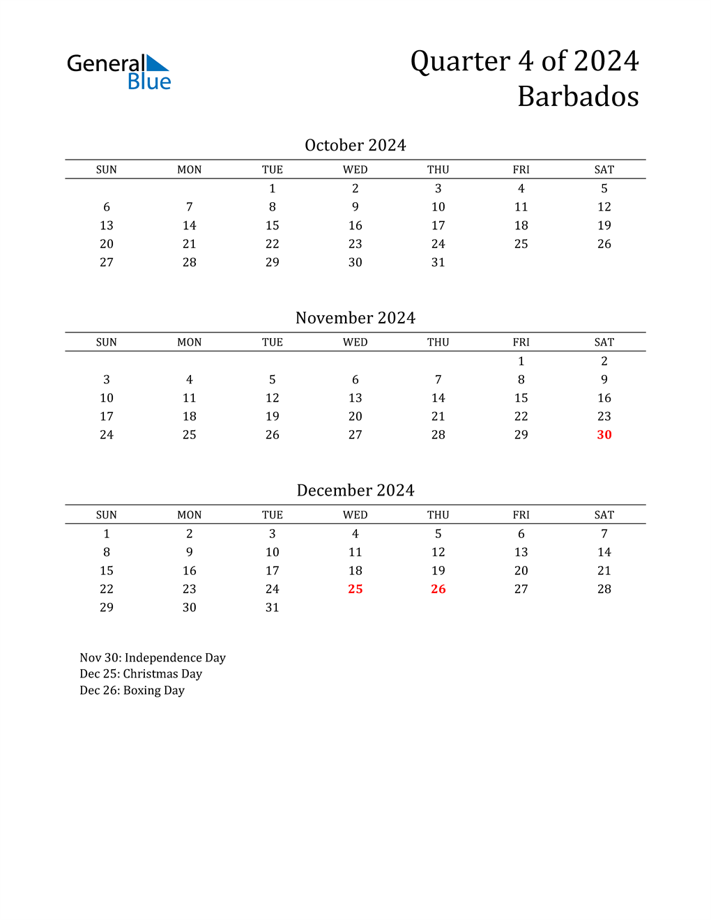 Q4 2024 Quarterly Calendar with Barbados Holidays