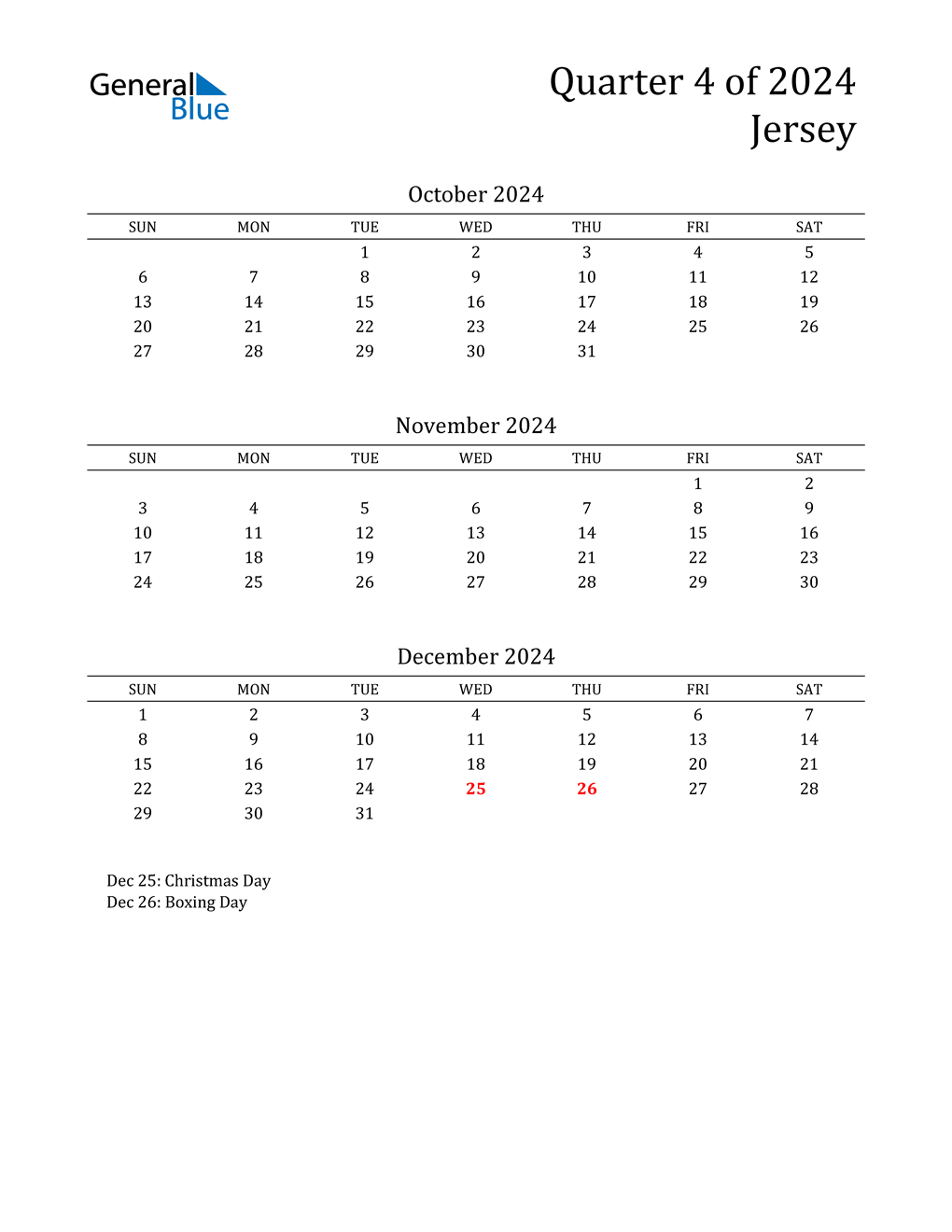 Q4 2024 Quarterly Calendar with Jersey Holidays