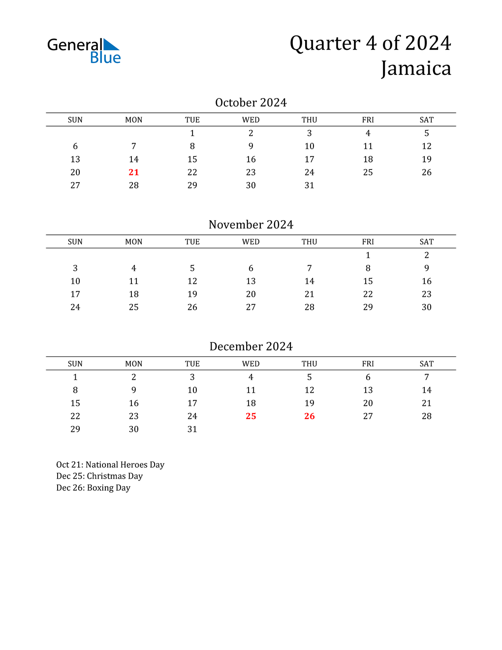 Q4 2024 Quarterly Calendar with Jamaica Holidays