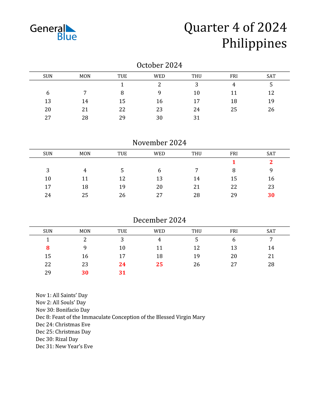 Q4 2024 Quarterly Calendar with Philippines Holidays