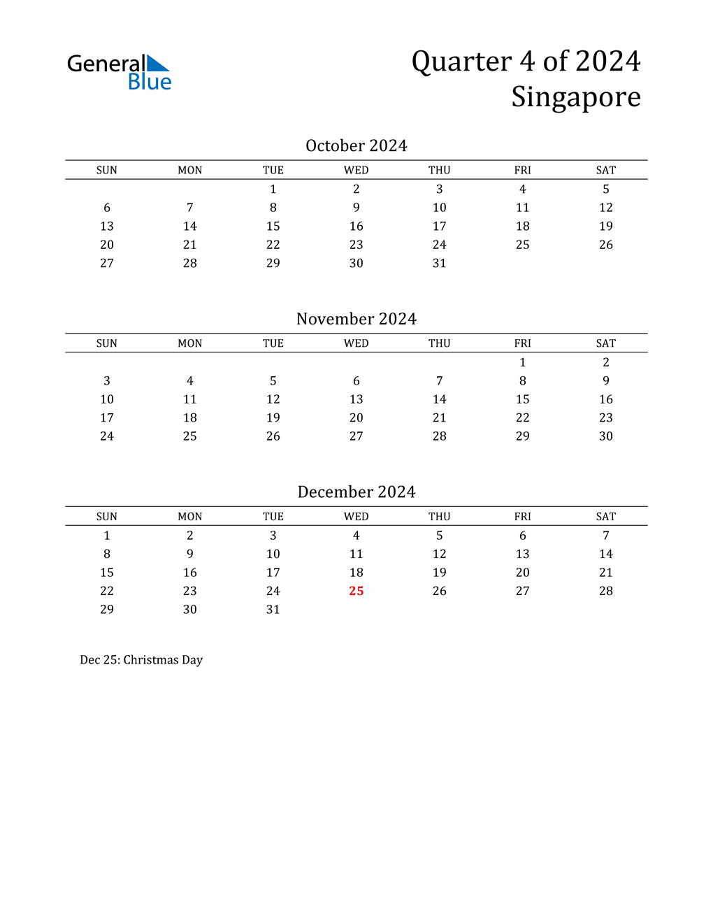 Q4 2024 Quarterly Calendar with Singapore Holidays