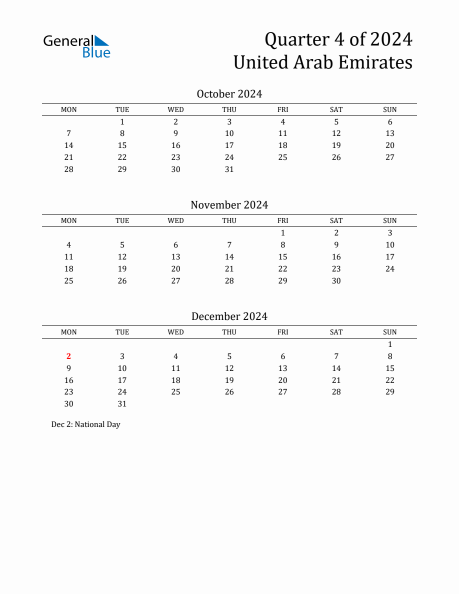 Quarter 4 2024 United Arab Emirates Quarterly Calendar