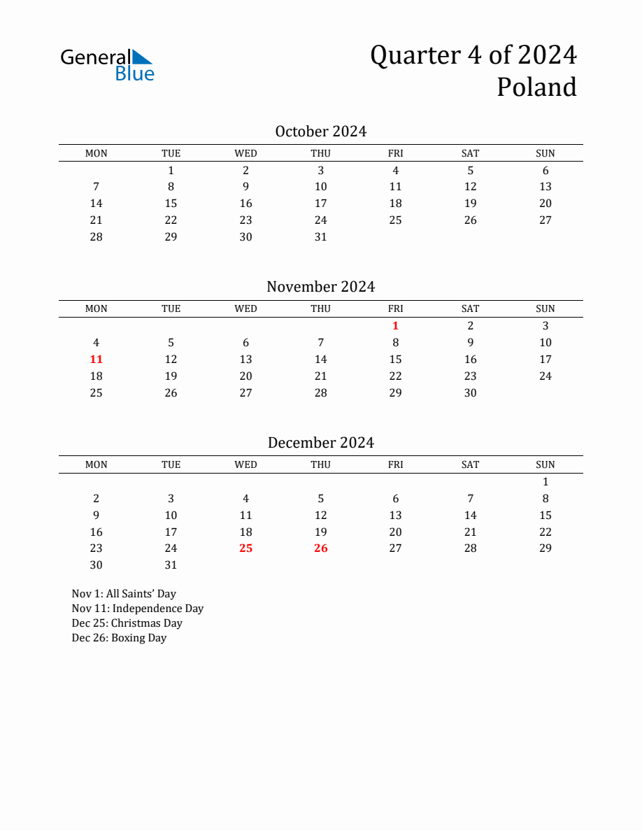 Quarter 4 2024 Poland Quarterly Calendar