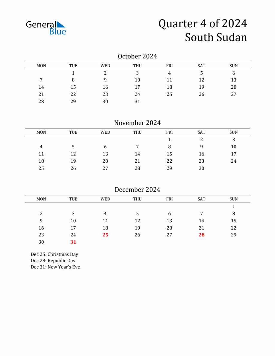 Quarter 4 2024 South Sudan Quarterly Calendar