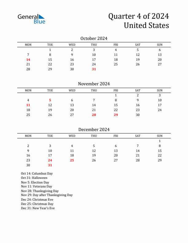 Threemonth calendar for United States Q4 of 2024