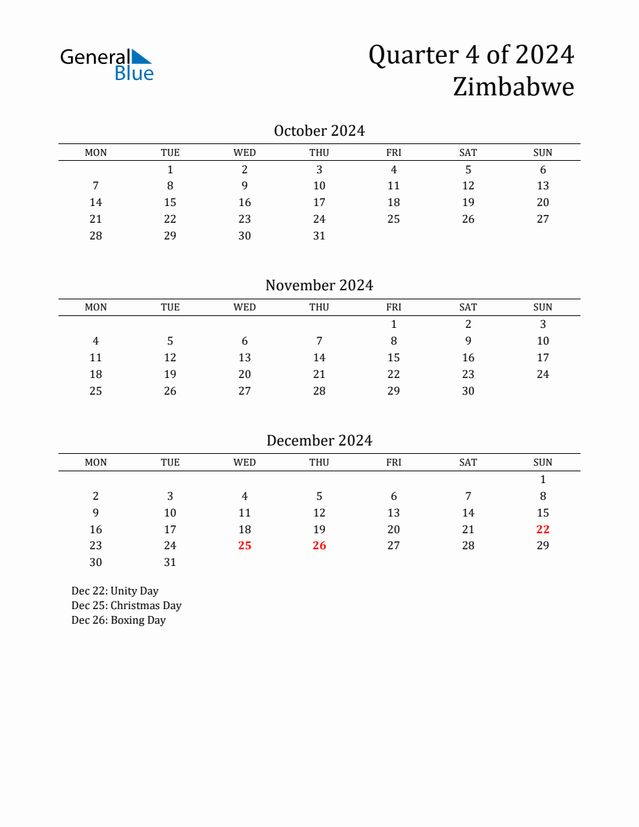 Quarter 4 2024 Zimbabwe Quarterly Calendar