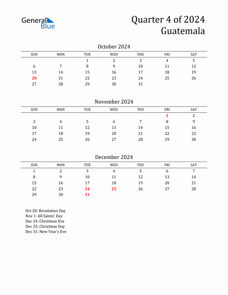 Quarter 4 2024 Guatemala Quarterly Calendar