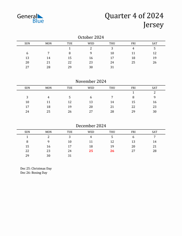 Q4 2024 Quarterly Calendar with Jersey Holidays