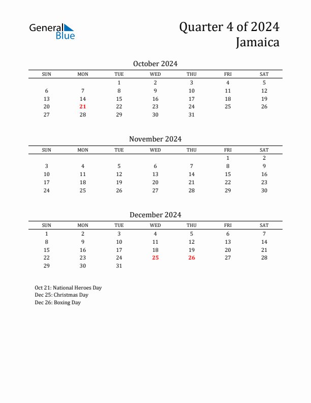 Q4 2024 Quarterly Calendar with Jamaica Holidays (PDF, Excel, Word)