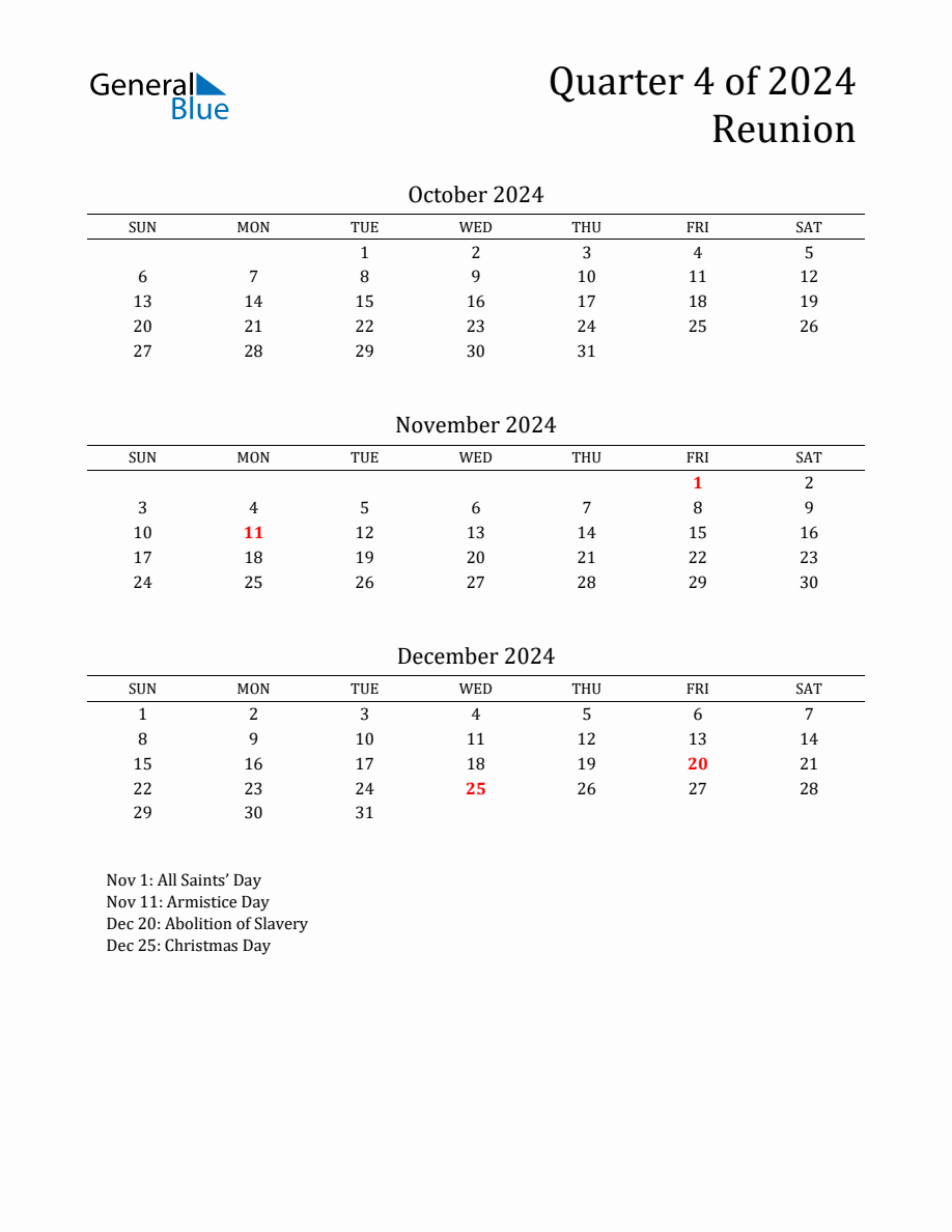 Quarter 4 2024 Reunion Quarterly Calendar