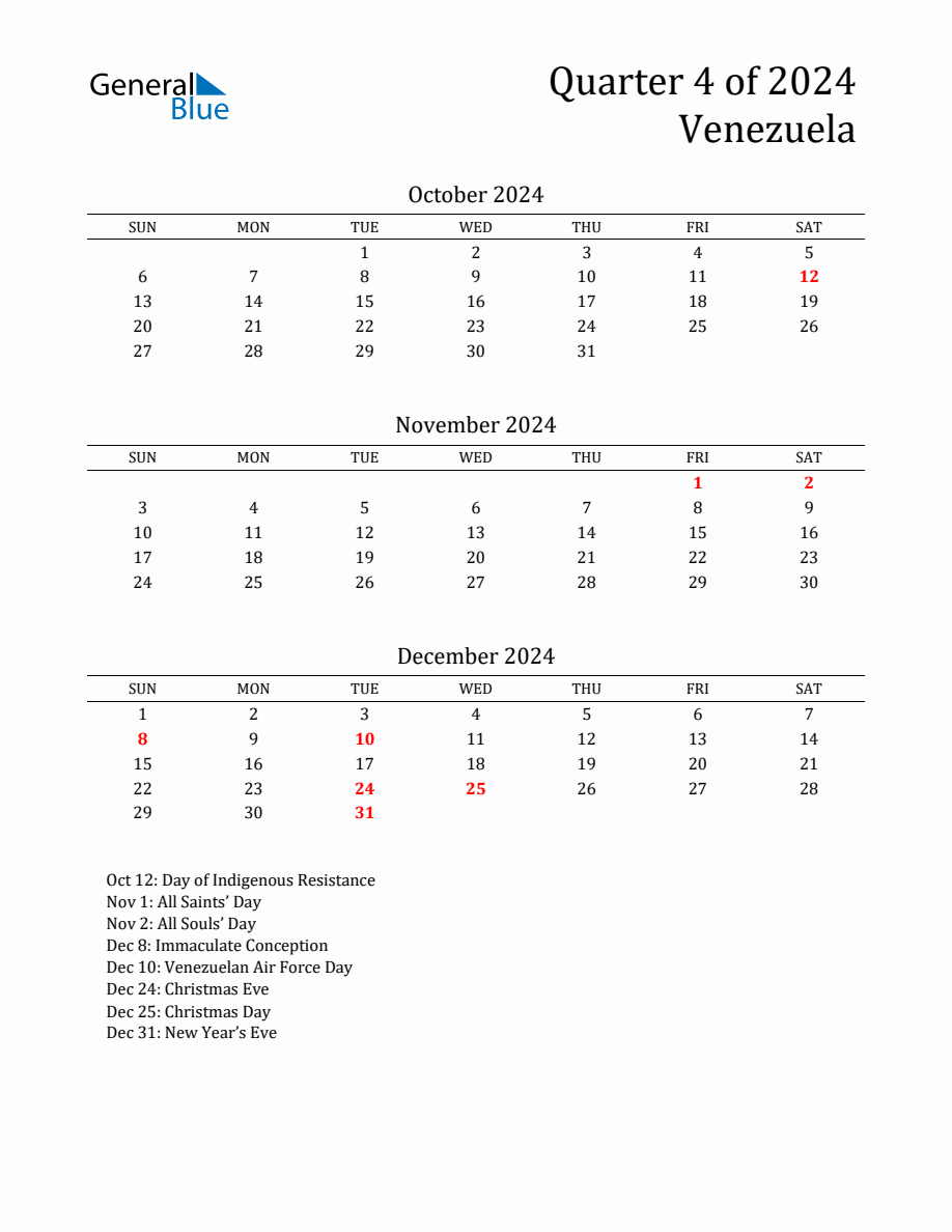 Quarter 4 2024 Venezuela Quarterly Calendar