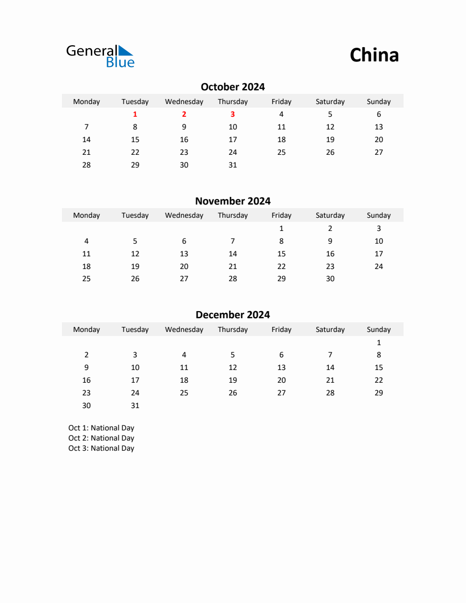 Printable Quarterly Calendar with Notes and China Holidays Q4 of 2024