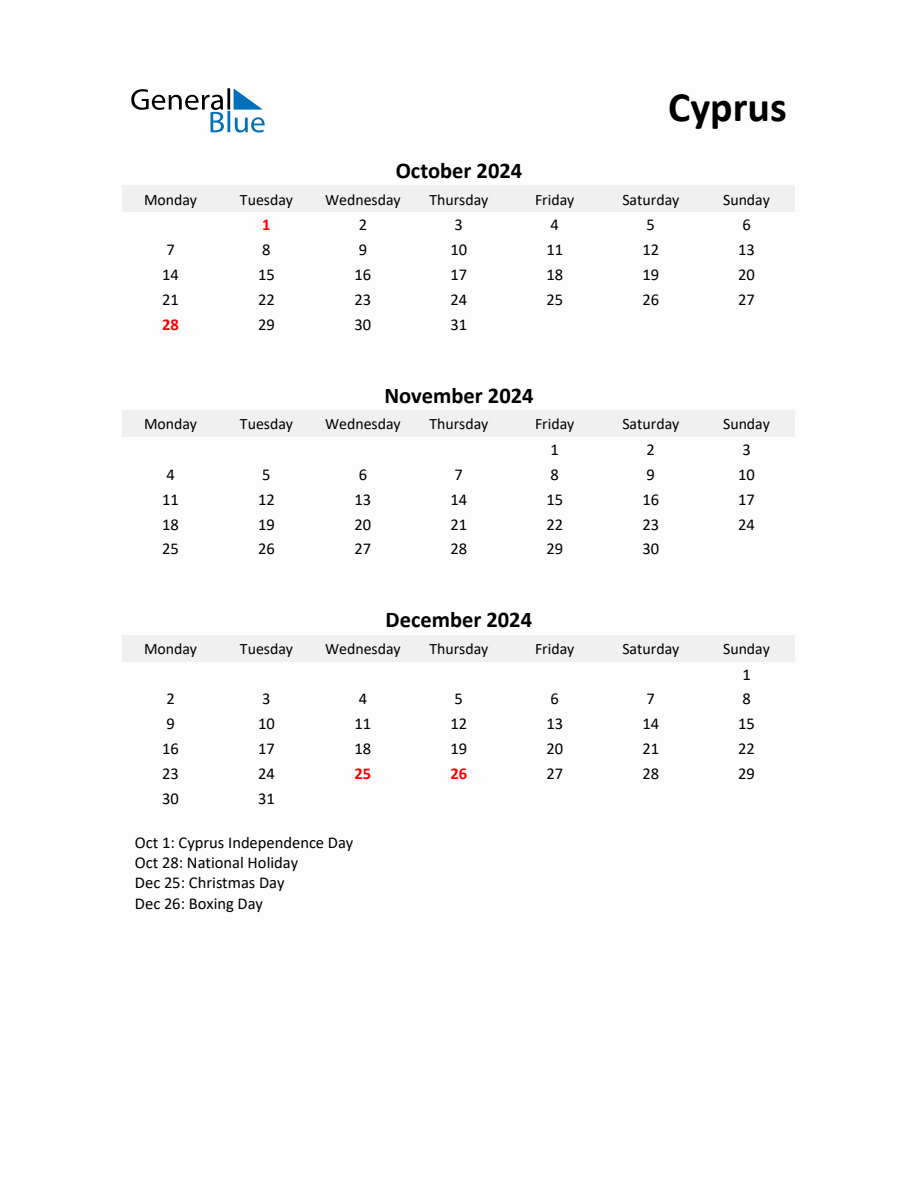 Printable Quarterly Calendar with Notes and Cyprus Holidays Q4 of 2024