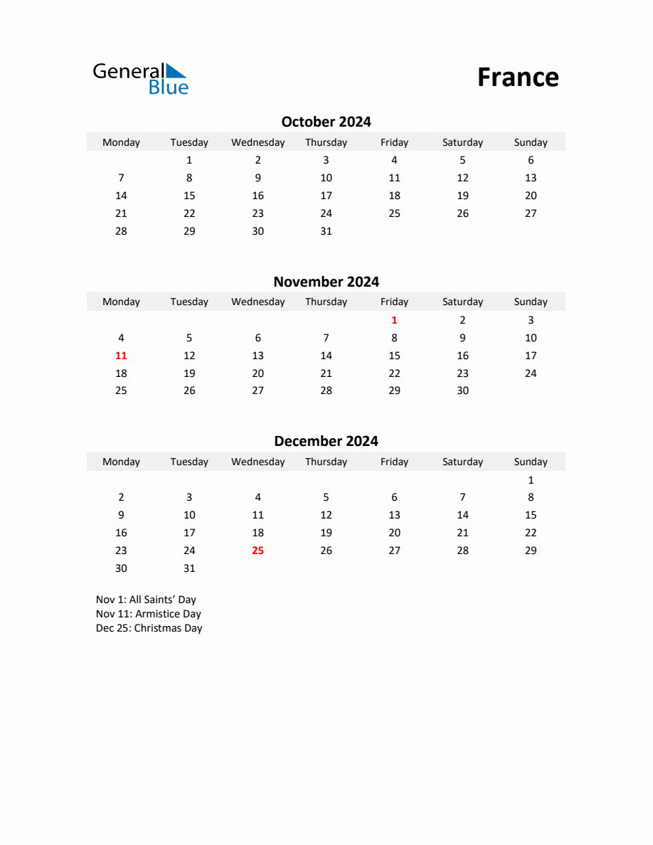 Printable Quarterly Calendar with Notes and France Holidays Q4 of 2024