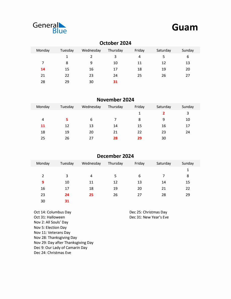 Printable Quarterly Calendar with Notes and Guam Holidays Q4 of 2024