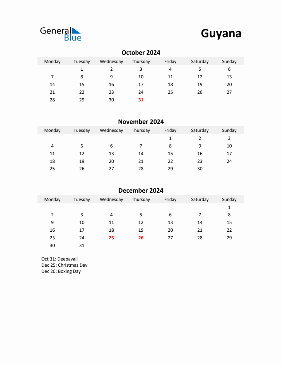 Printable Quarterly Calendar with Notes and Guyana Holidays Q4 of 2024