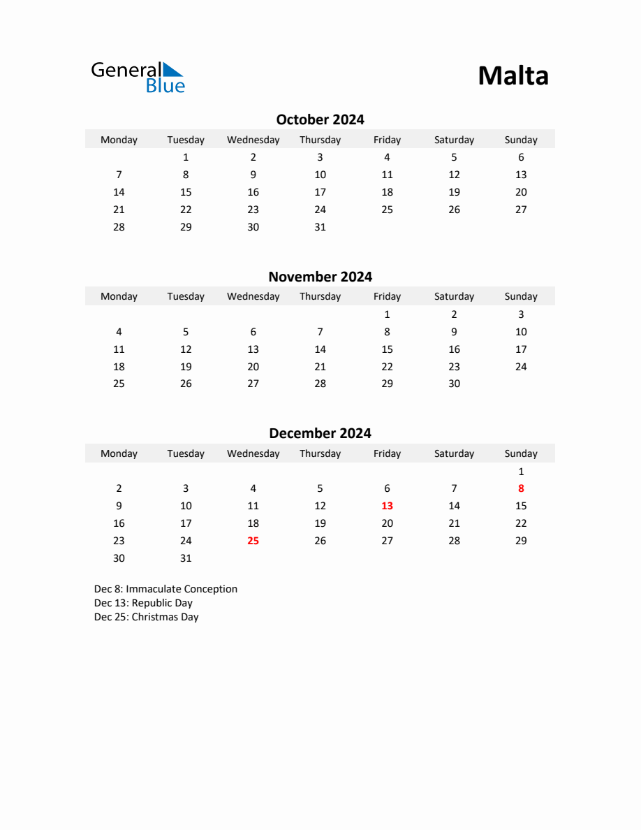 Printable Quarterly Calendar with Notes and Malta Holidays Q4 of 2024