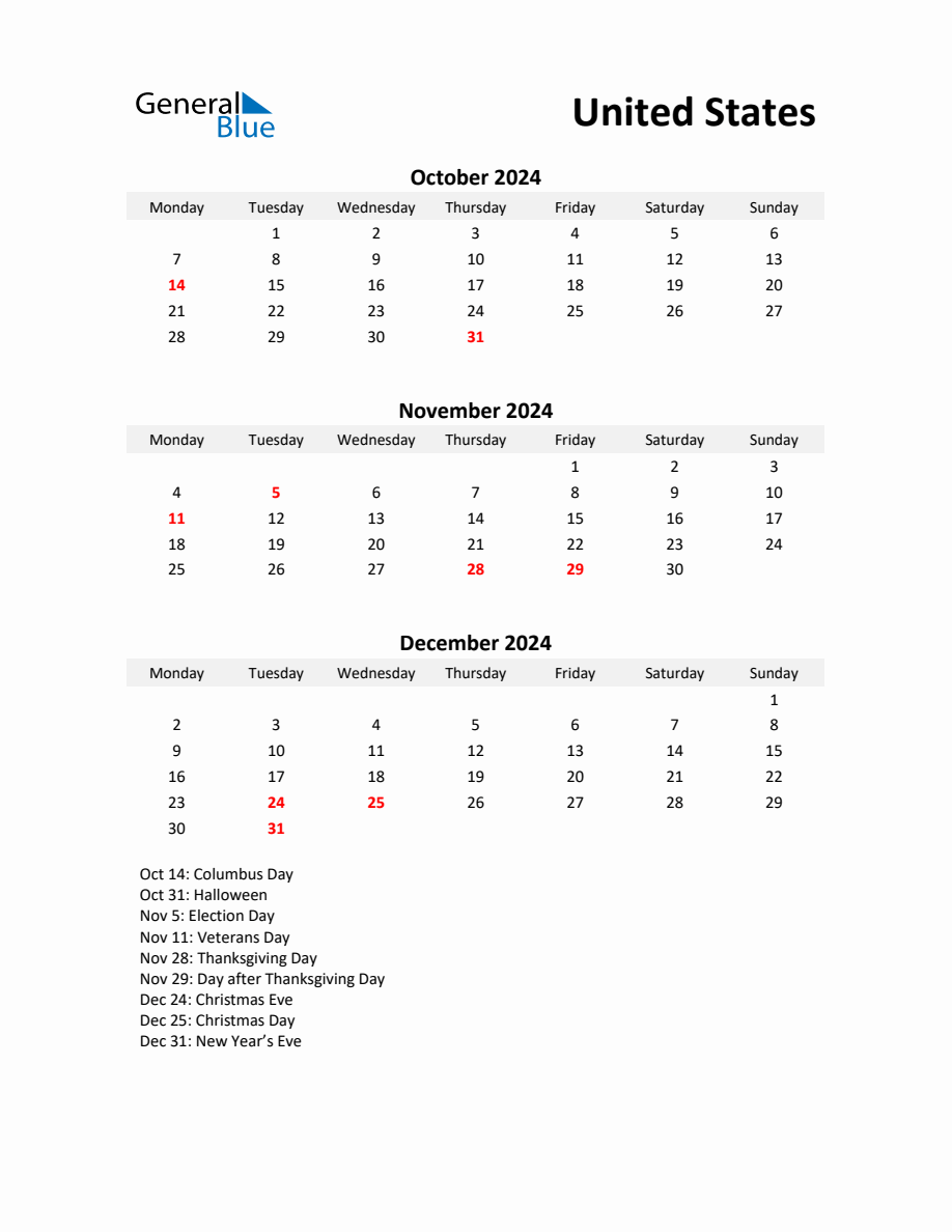 Printable Quarterly Calendar with Notes and United States Holidays Q4