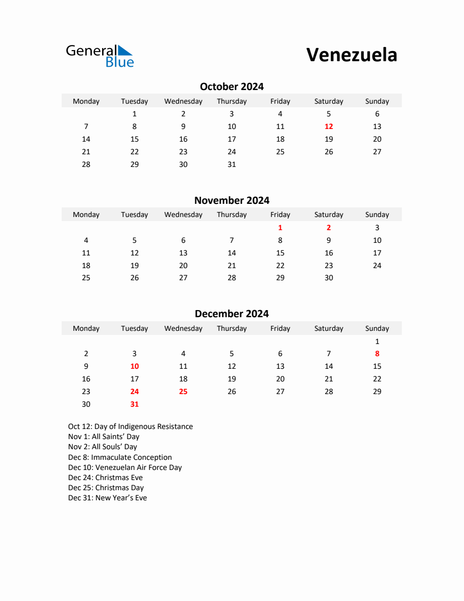 Printable Quarterly Calendar with Notes and Venezuela Holidays Q4 of 2024