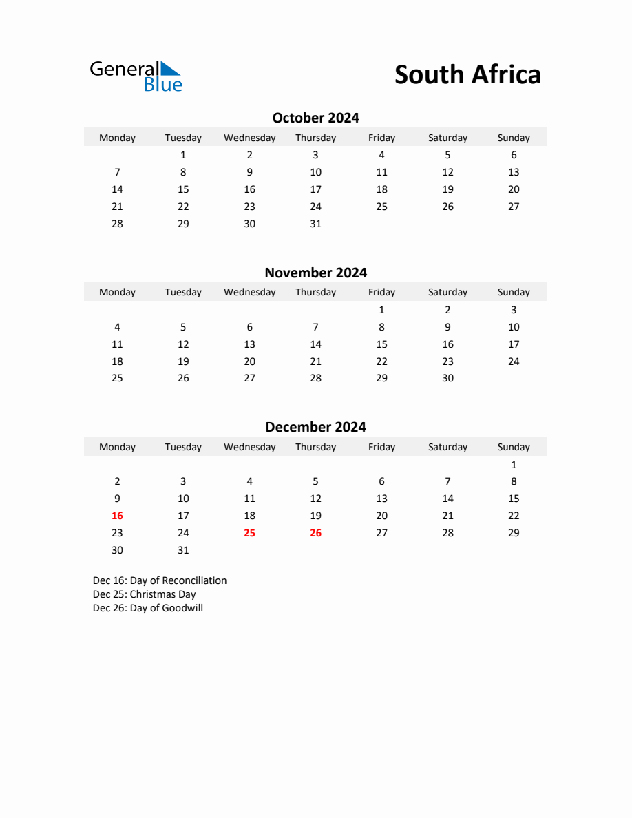 Printable Quarterly Calendar With Notes And South Africa Holidays- Q4 ...