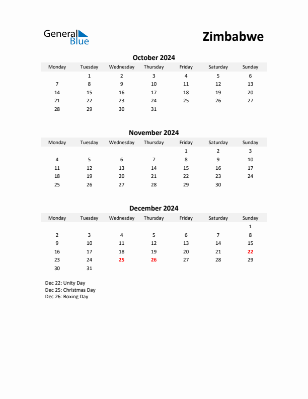 Q4 2024 Monday Start Quarterly Calendar with Zimbabwe Holidays