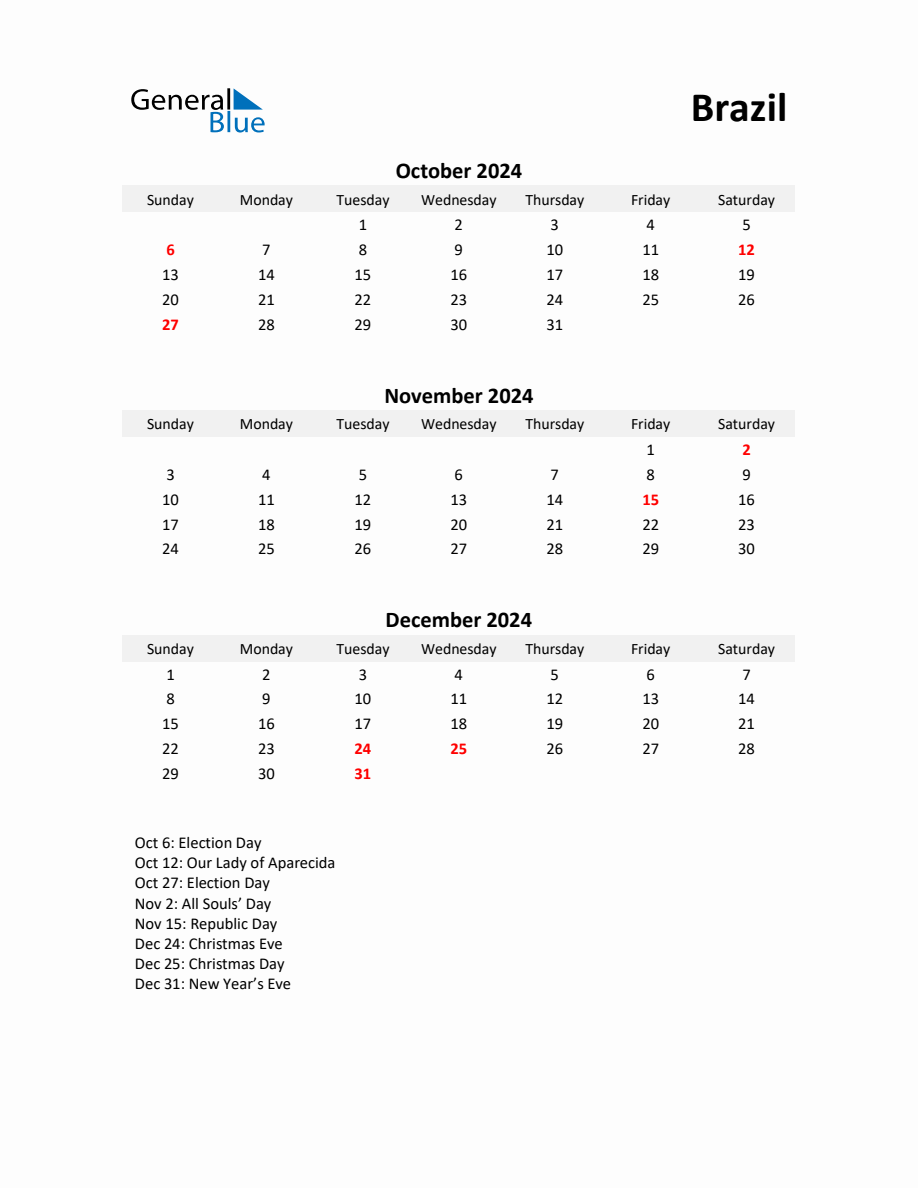 Printable Quarterly Calendar with Notes and Brazil Holidays Q4 of 2024