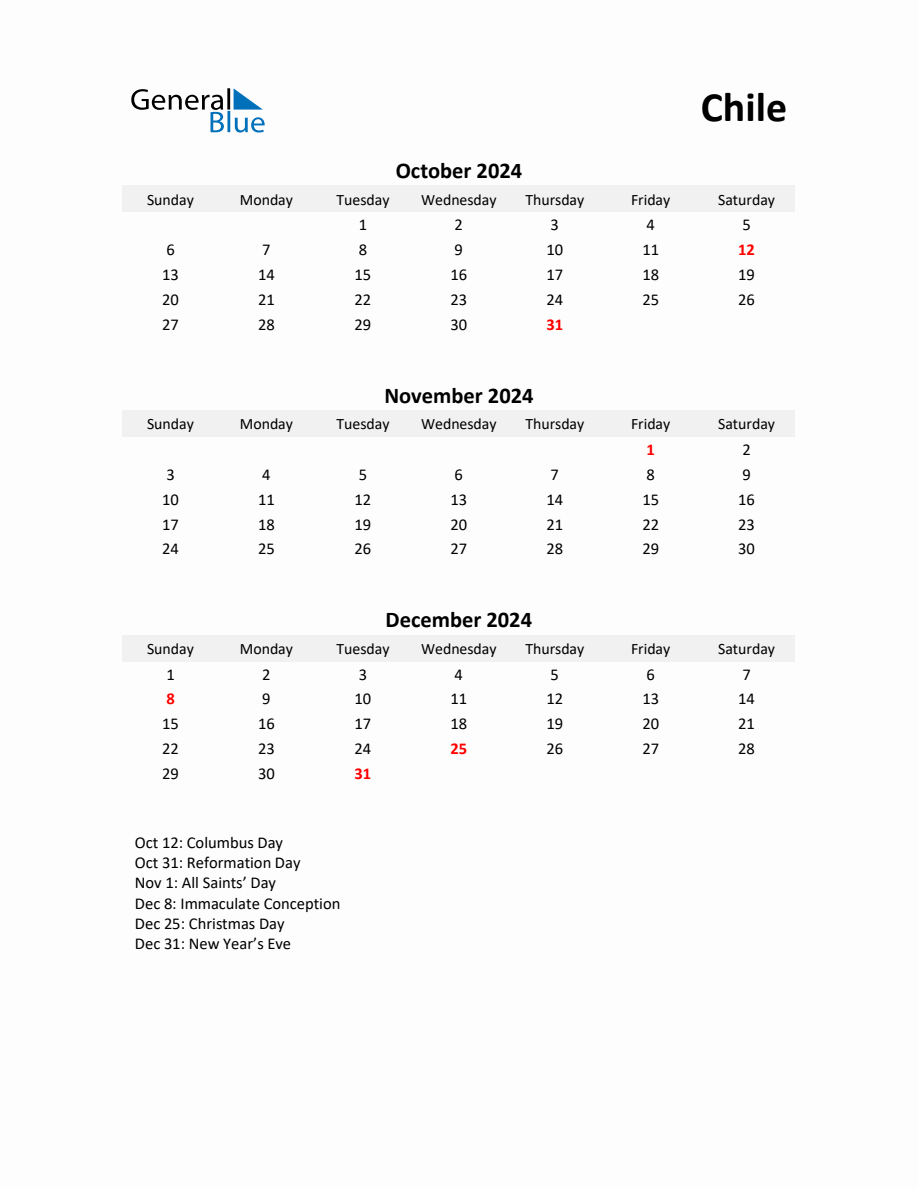 Printable Quarterly Calendar with Notes and Chile Holidays Q4 of 2024