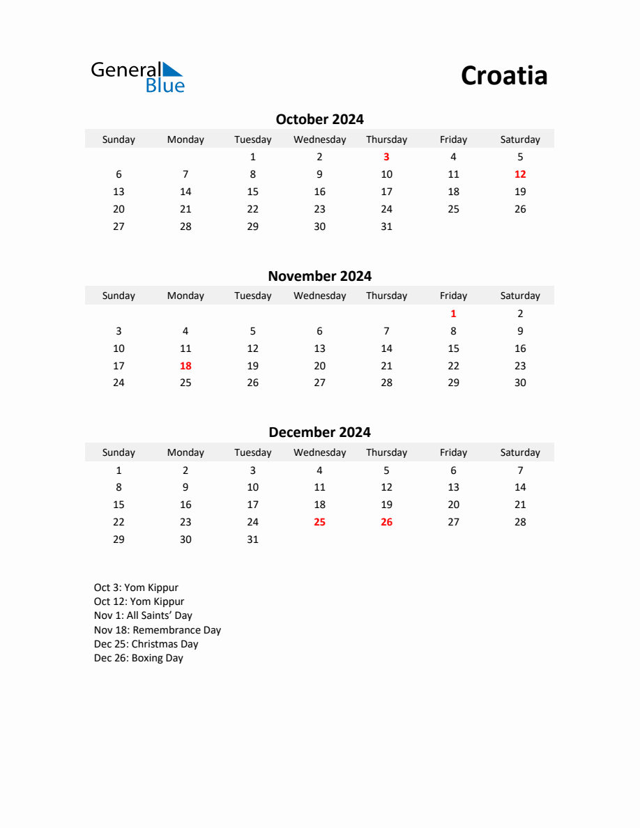 Printable Quarterly Calendar with Notes and Croatia Holidays Q4 of 2024