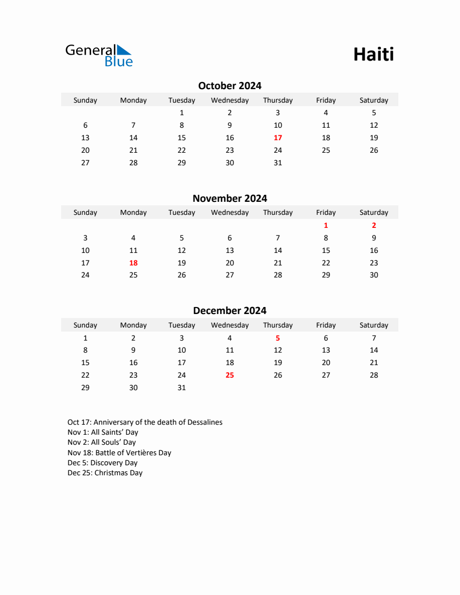 Printable Quarterly Calendar with Notes and Haiti Holidays Q4 of 2024