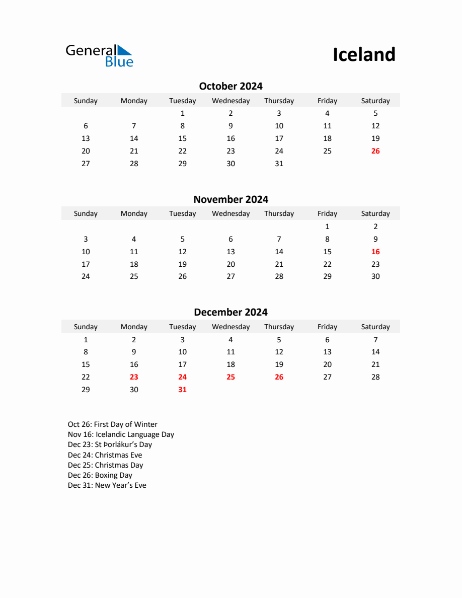 Printable Quarterly Calendar with Notes and Iceland Holidays Q4 of 2024