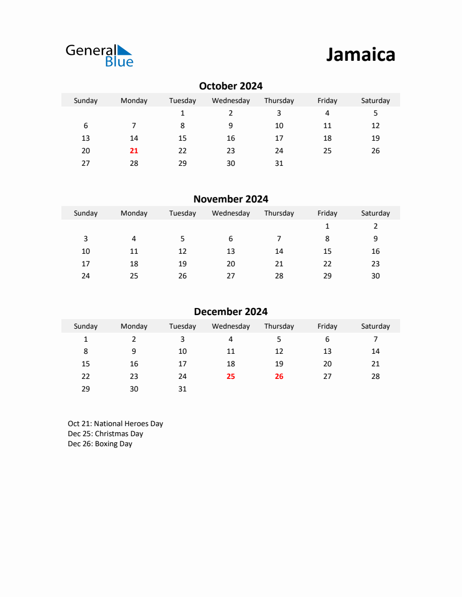 Printable Quarterly Calendar with Notes and Jamaica Holidays Q4 of 2024