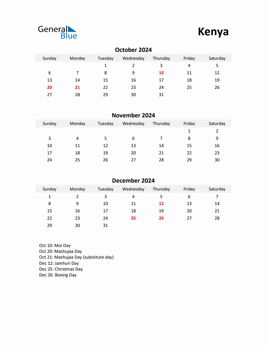 Printable Quarterly Calendar with Notes and Kenya Holidays Q4 of 2024