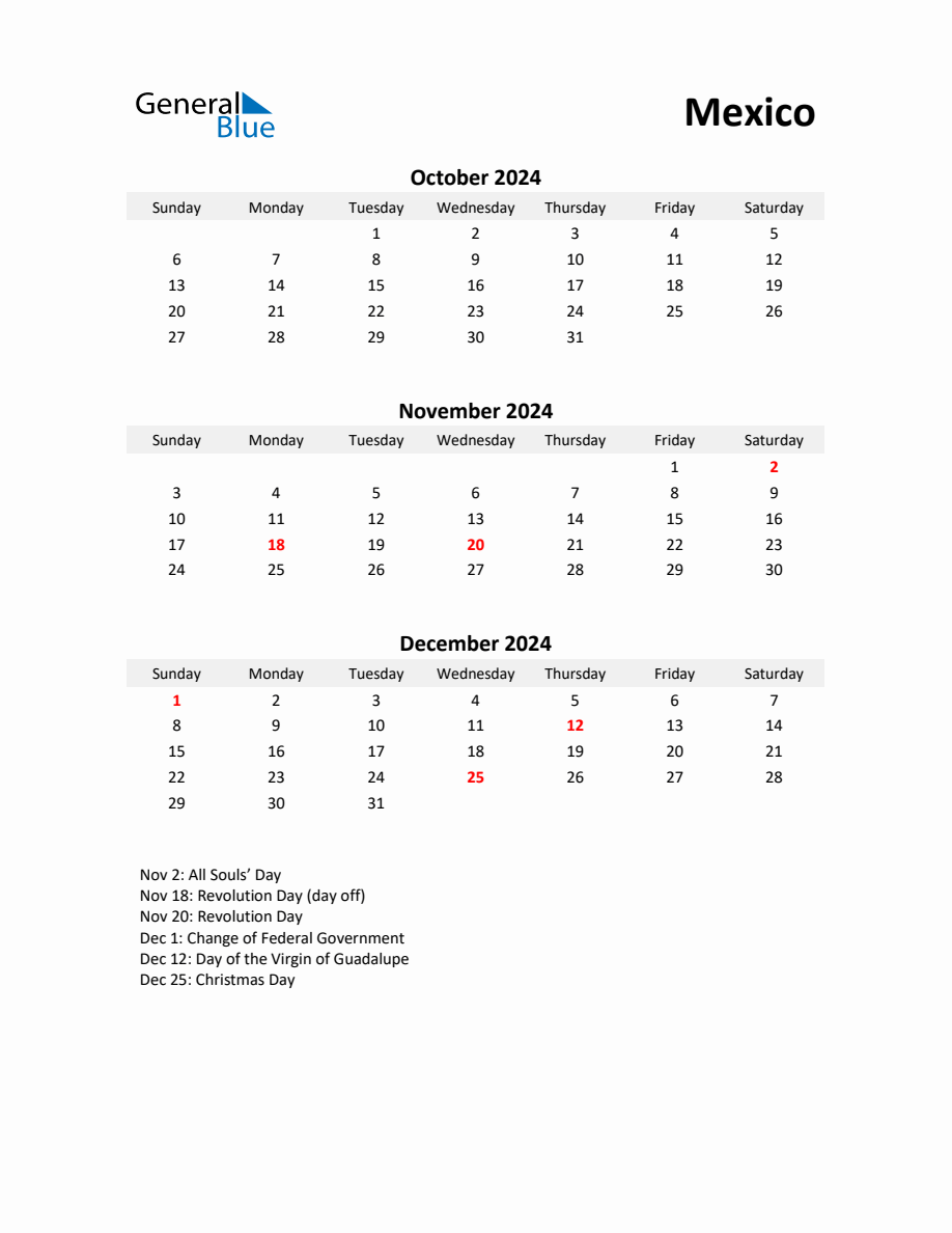 Printable Quarterly Calendar with Notes and Mexico Holidays Q4 of 2024