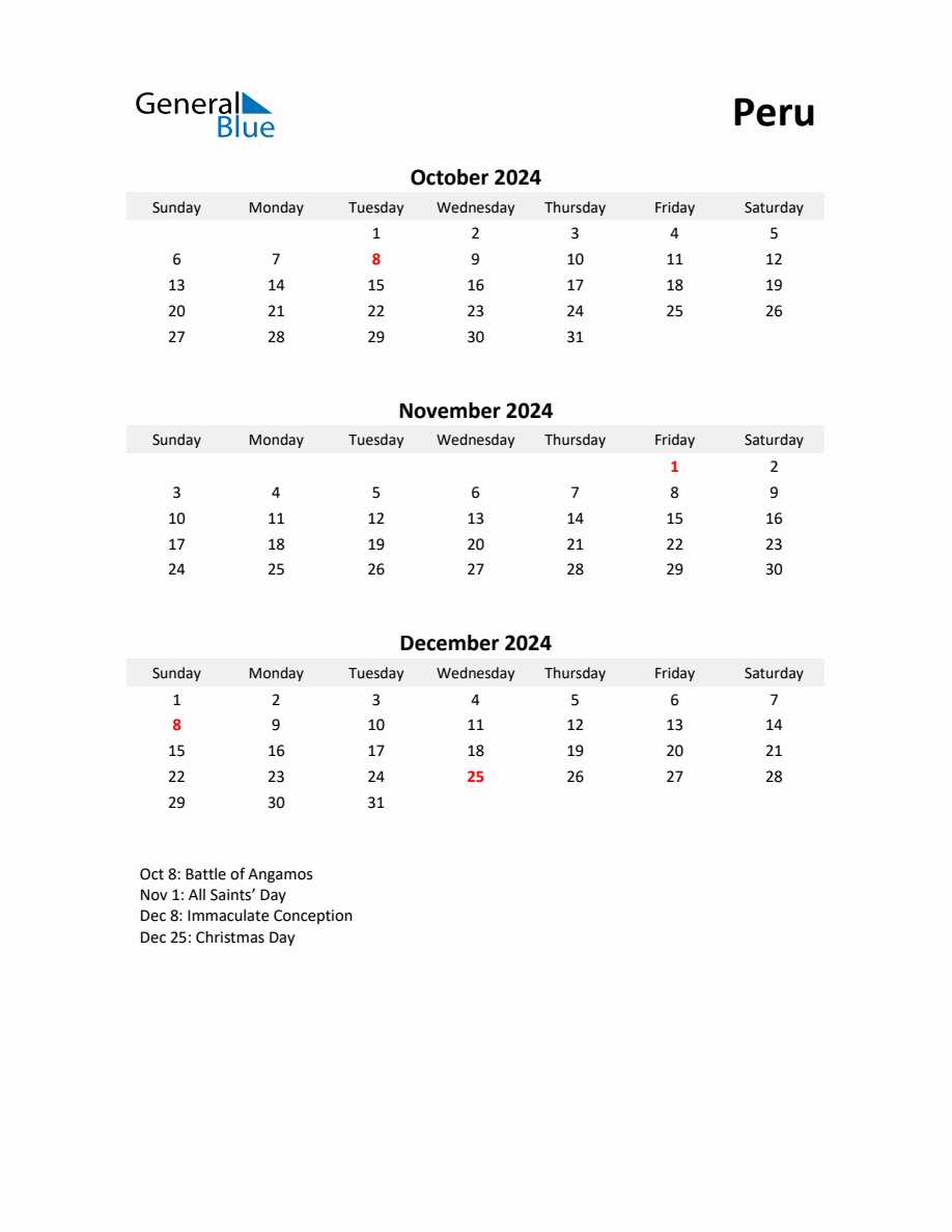 Printable Quarterly Calendar with Notes and Peru Holidays Q4 of 2024