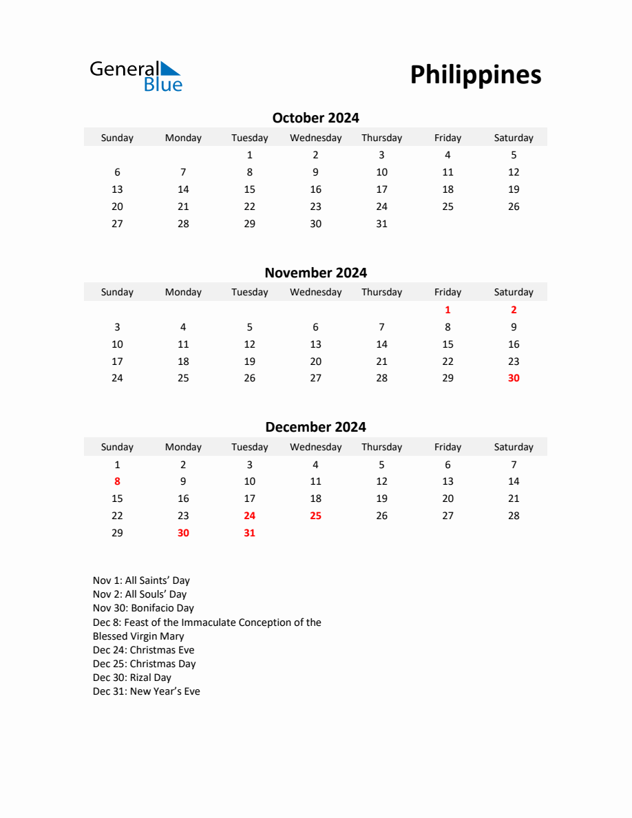 Printable Quarterly Calendar with Notes and Philippines Holidays Q4 of