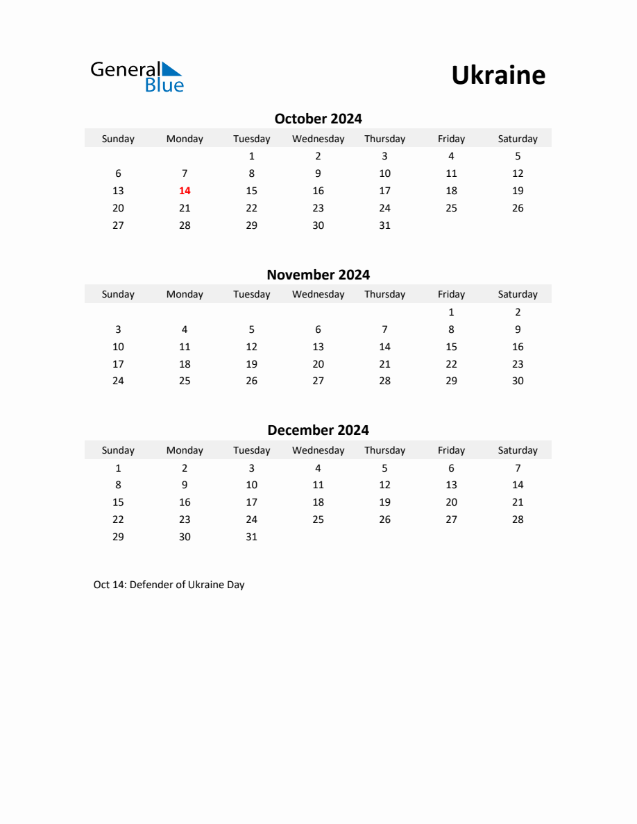 Printable Quarterly Calendar with Notes and Ukraine Holidays Q4 of 2024