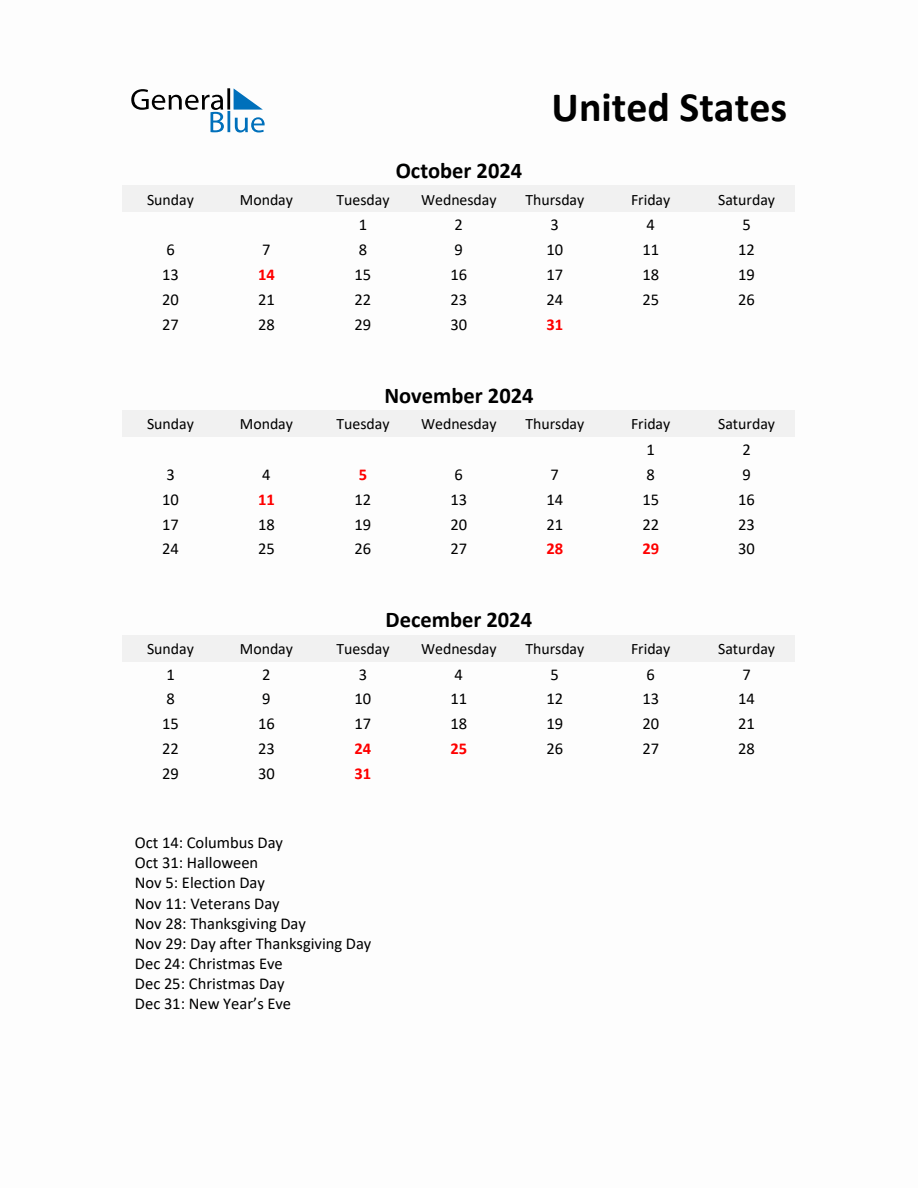 Printable Quarterly Calendar with Notes and United States Holidays Q4