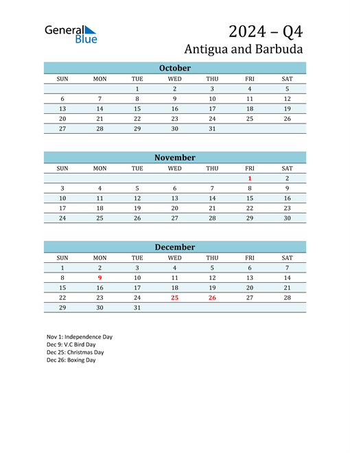  Three-Month Planner for Q4 2024 with Holidays