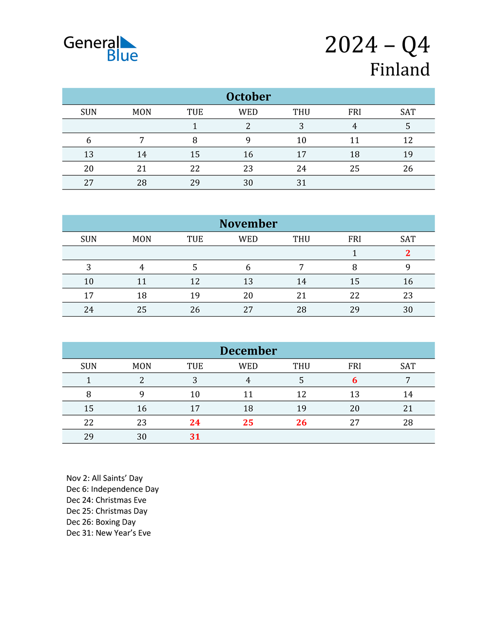  Three-Month Planner for Q4 2024 with Holidays