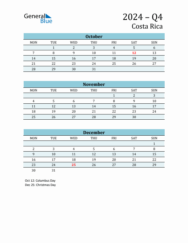 Three-Month Planner for Q4 2024 with Holidays - Costa Rica
