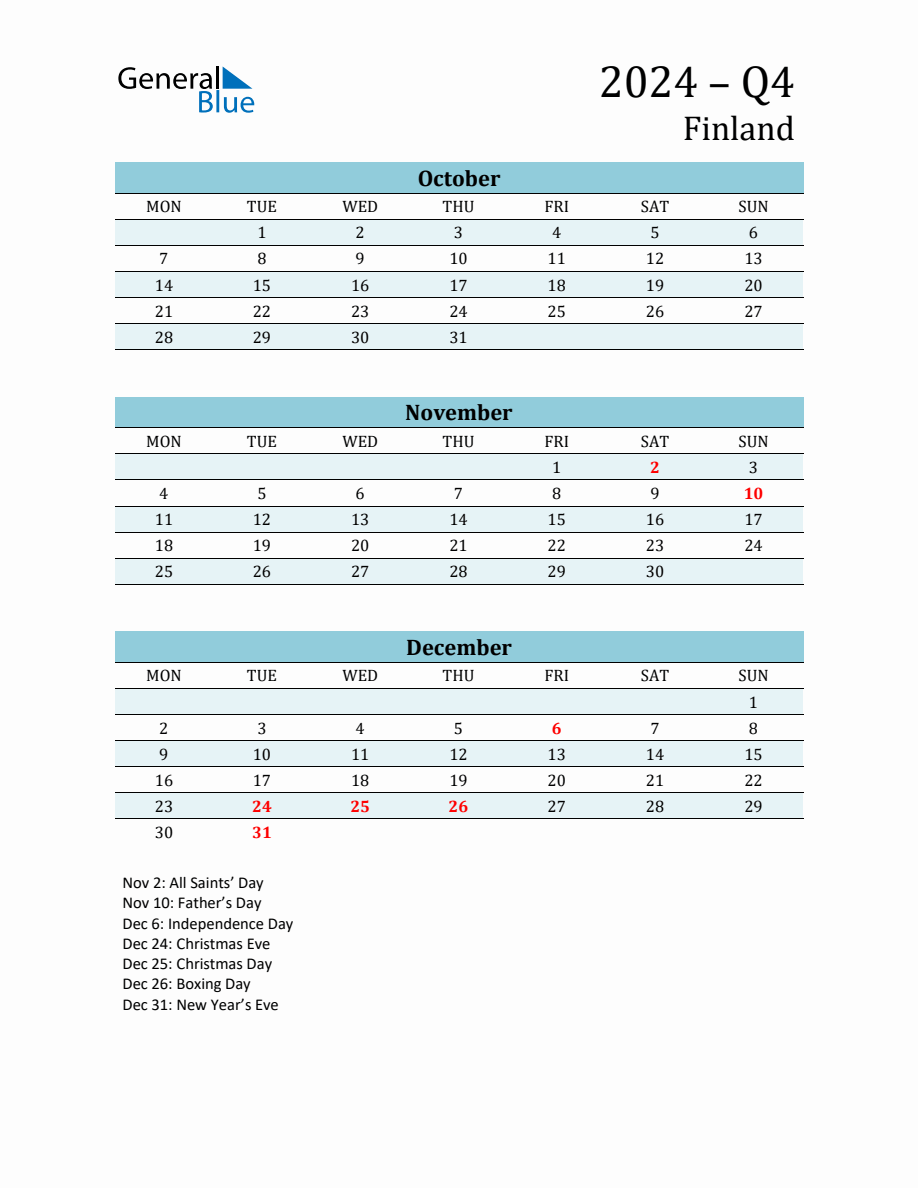 ThreeMonth Planner for Q4 2024 with Holidays Finland