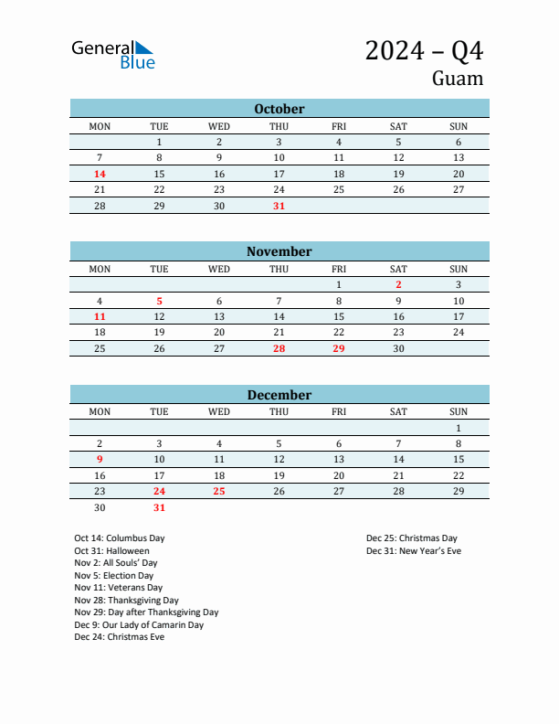 Three-Month Planner for Q4 2024 with Holidays - Guam