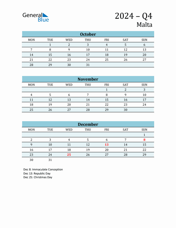 Three-Month Planner for Q4 2024 with Holidays - Malta