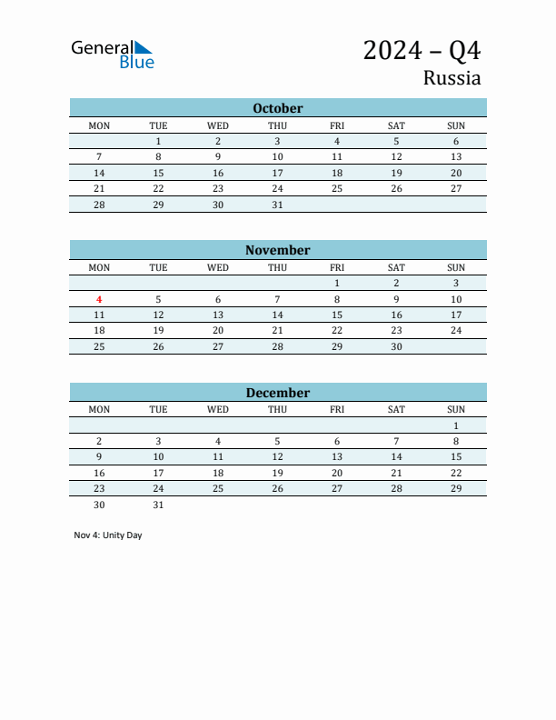 Three-Month Planner for Q4 2024 with Holidays - Russia
