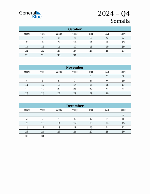 Three-Month Planner for Q4 2024 with Holidays - Somalia