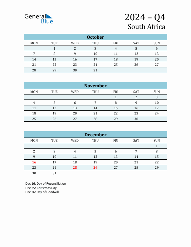 Three-Month Planner for Q4 2024 with Holidays - South Africa